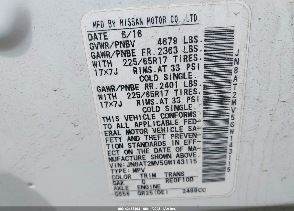 2016 NISSAN ROGUE SV VIN: JN8AT2MV5GW143115