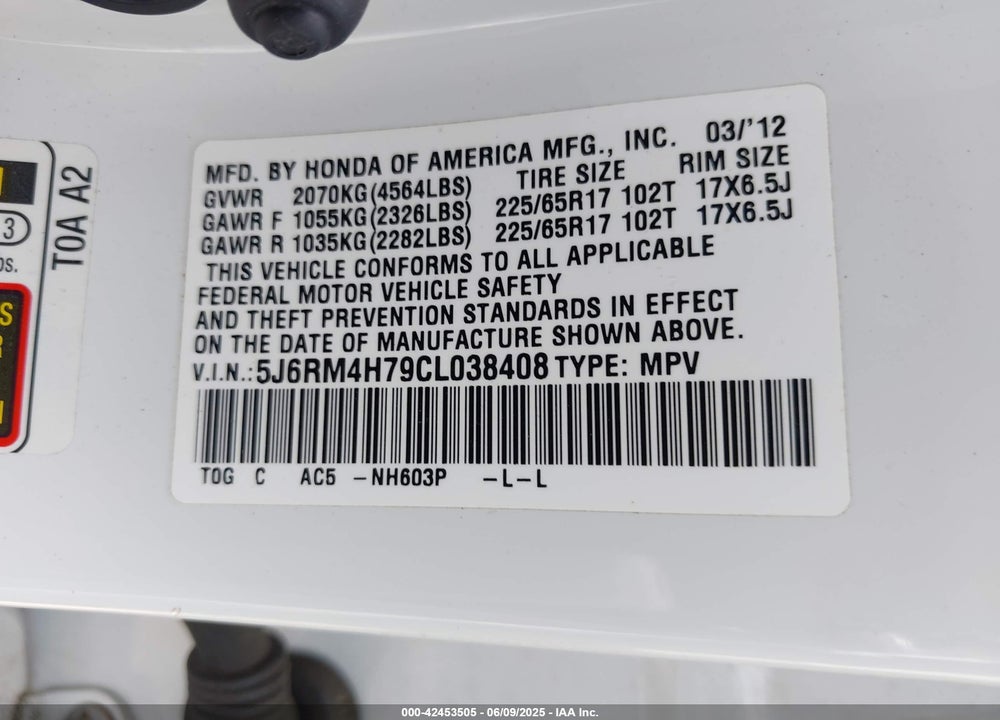 2012 HONDA CR-V VIN: 5J6RM4H79CL038408