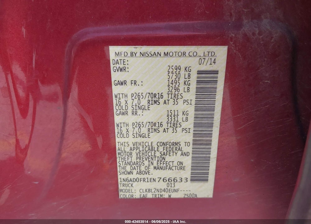 2014 NISSAN FRONTIER VIN: 1N6AD0FR1EN766633