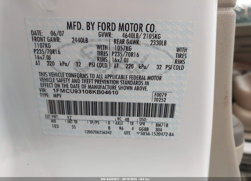 2008 FORD ESCAPE XLT VIN: 1FMCU93108KB04610