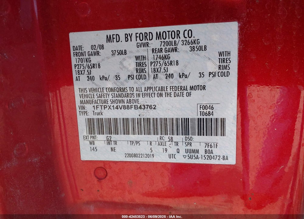 2008 FORD F-150 XLT VIN: 1FTPX14V88FB43762