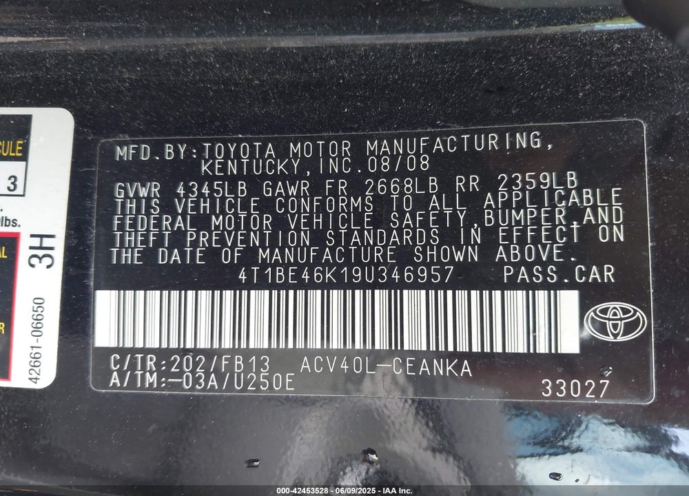 2009 TOYOTA CAMRY VIN: 4T1BE46K19U346957