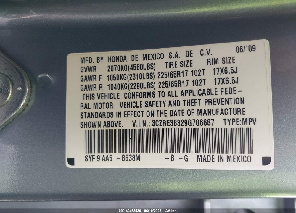 2009 HONDA CR-V LX VIN: 3CZRE38329G706687
