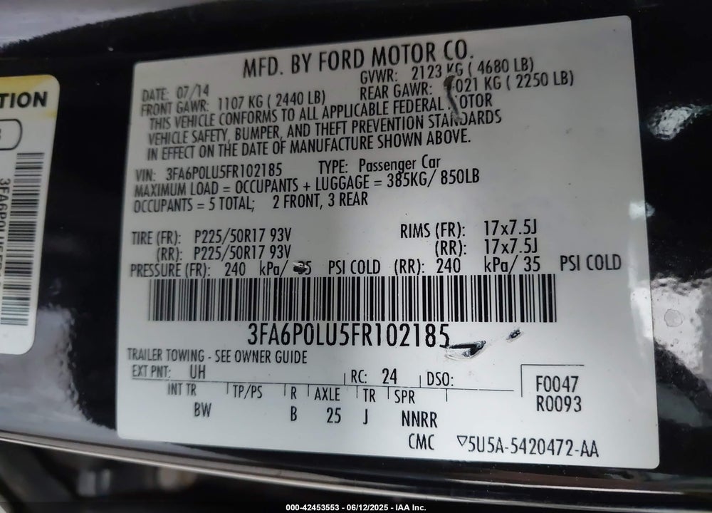 2015 FORD FUSION HYBRID VIN: 3FA6P0LU5FR102185