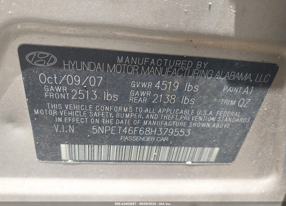 2008 HYUNDAI SONATA VIN: 5NPET46F68H379553