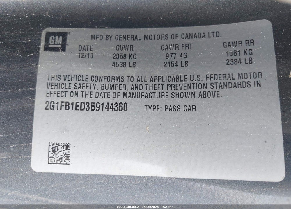 2011 CHEVROLET CAMARO VIN: 2G1FB1ED3B9144360