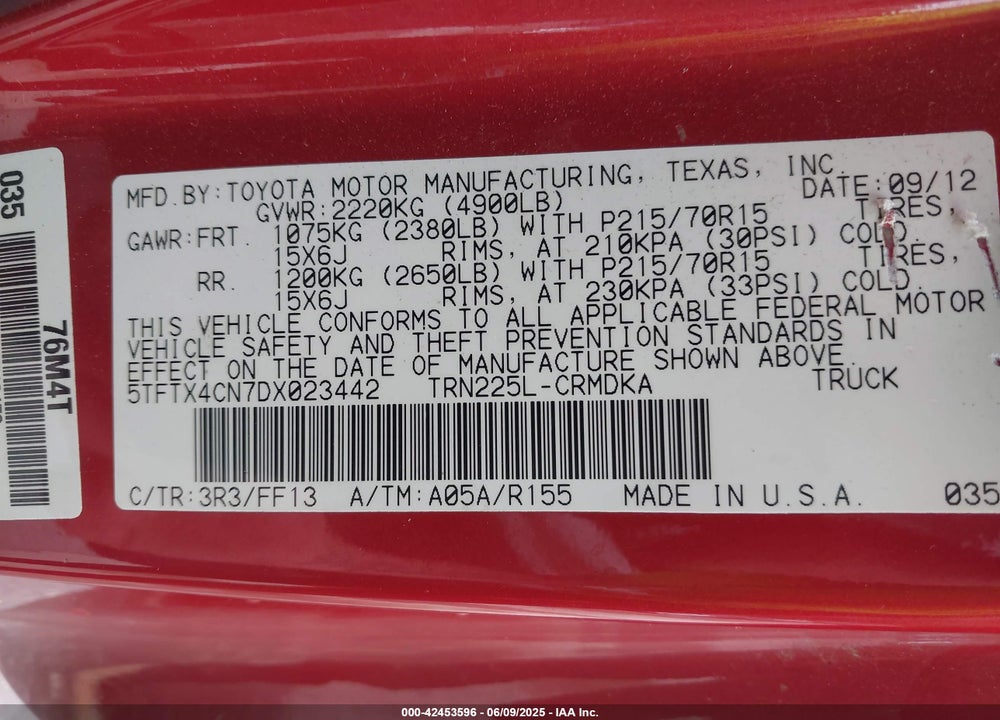 2013 TOYOTA TACOMA VIN: 5TFTX4CN7DX023442
