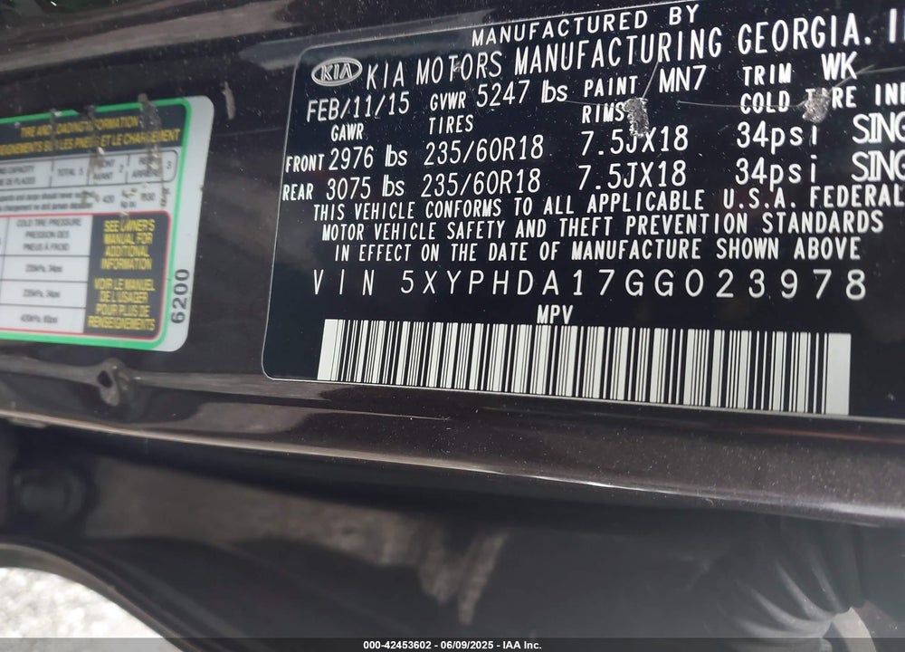 2016 KIA SORENTO VIN: 5XYPHDA17GG023978