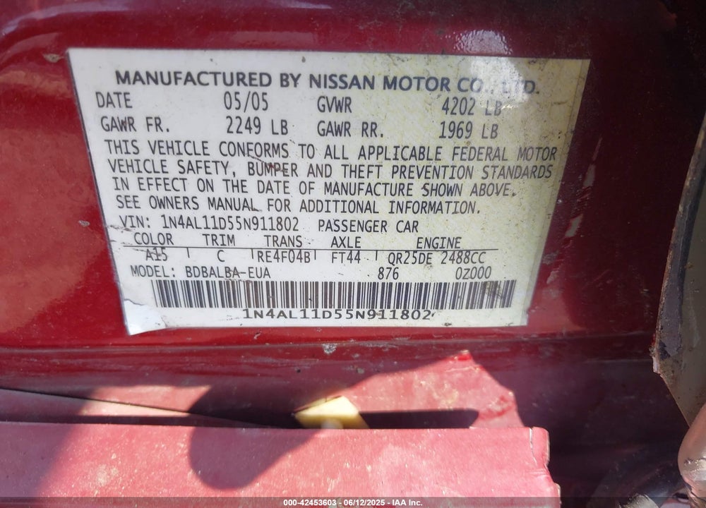 2005 NISSAN ALTIMA 2.5 S VIN: 1N4AL11D55N911802