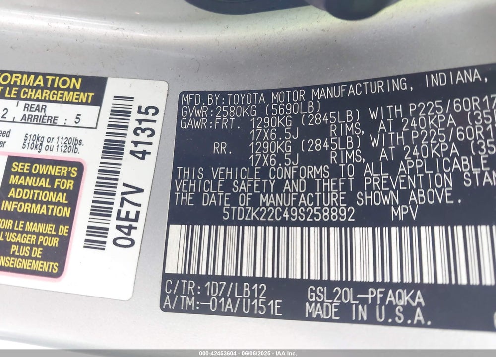 2009 TOYOTA SIENNA XLE VIN: 5TDZK22C49S258892