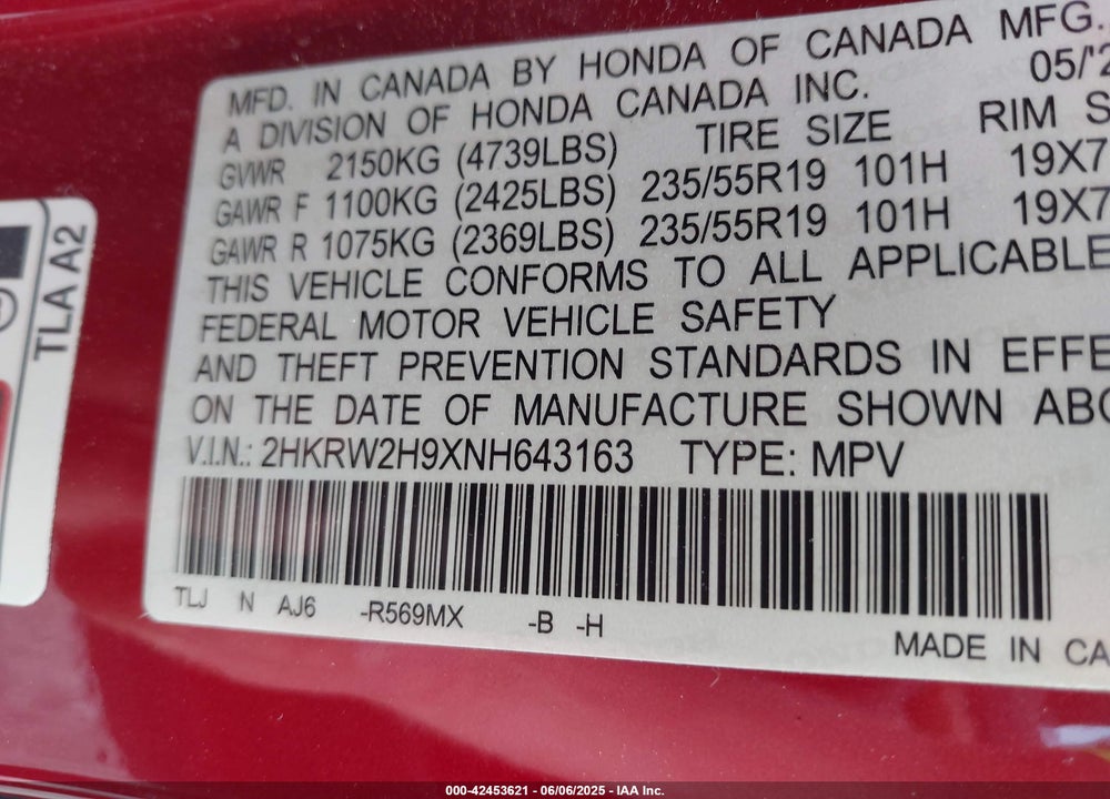 2022 HONDA CR-V VIN: 2HKRW2H9XNH643163