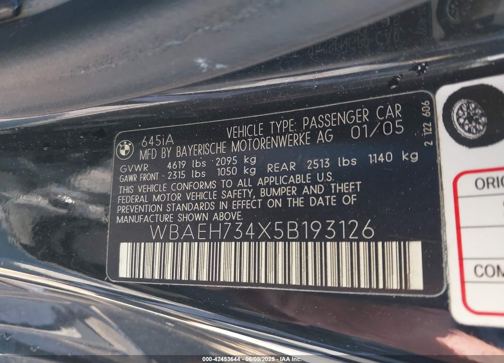 2005 BMW 645CI VIN: WBAEH734X5B193126