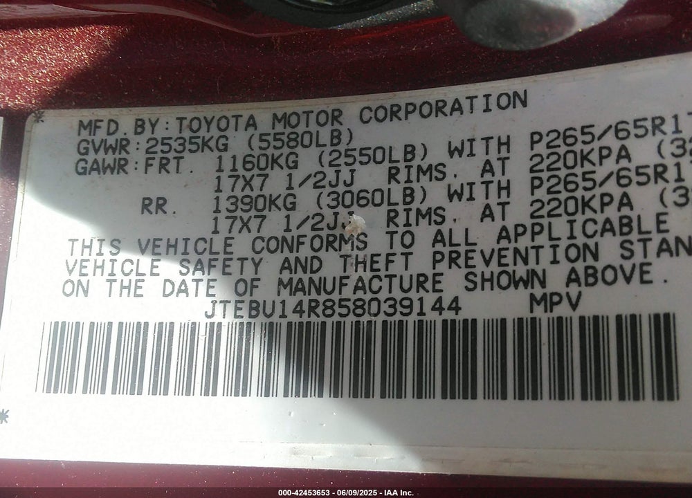 2005 TOYOTA 4RUNNER SR5 SPORT V6 VIN: JTEBU14R858039144