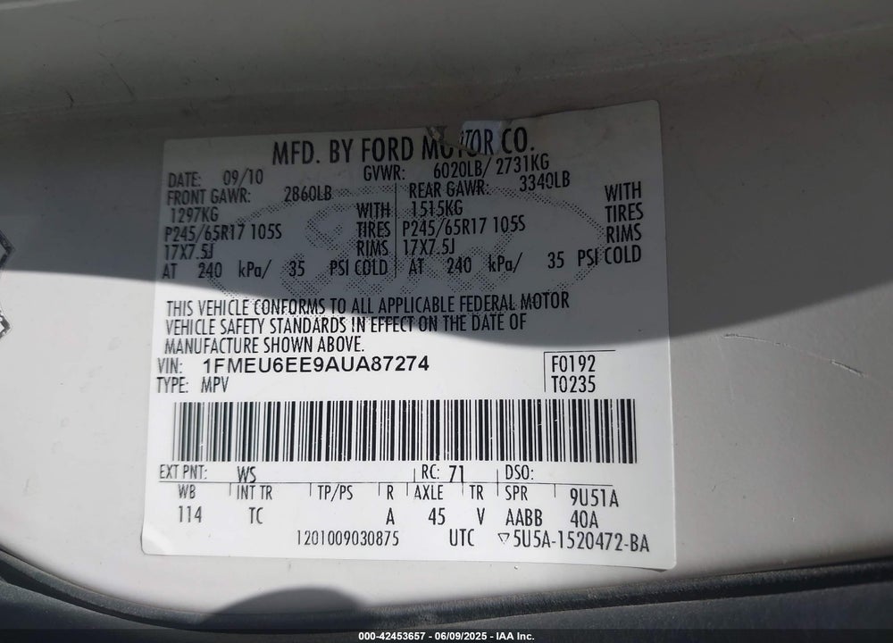 2010 FORD EXPLORER VIN: 1FMEU6EE9AUA87274