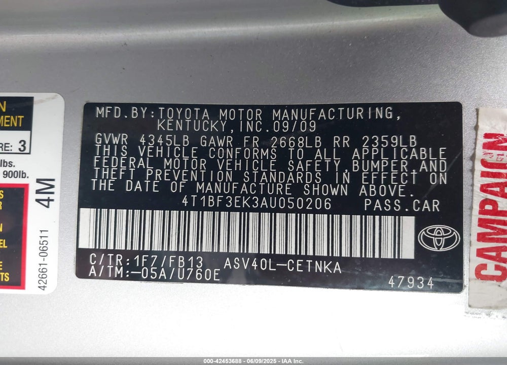 2010 TOYOTA CAMRY LE VIN: 4T1BF3EK3AU050206