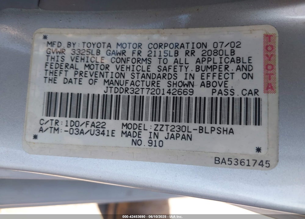 2002 TOYOTA CELICA GT VIN: JTDDR32T720142669