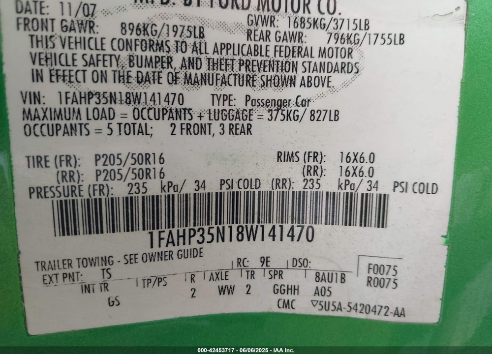 2008 FORD FOCUS VIN: 1FAHP35N18W141470
