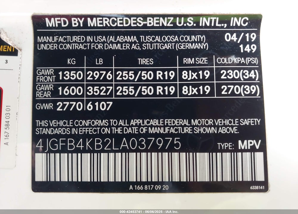 2020 MERCEDES-BENZ GLE VIN: 4JGFB4KB2LA037975