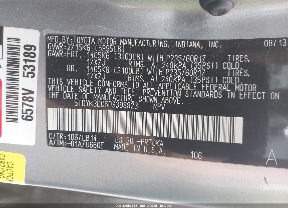 2013 TOYOTA SIENNA XLE V6 8 PASSENGER VIN: 5TDYK3DC6DS398823