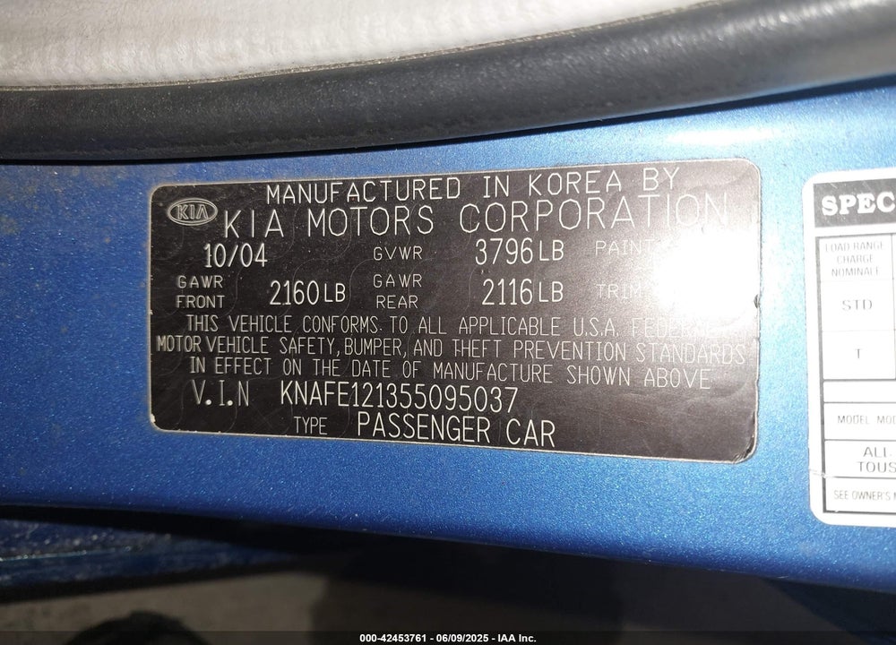 2005 KIA SPECTRA EX/LX/SX VIN: KNAFE121355095037