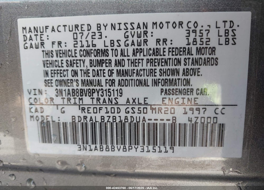 2023 NISSAN SENTRA VIN: 3N1AB8BV8PY315119