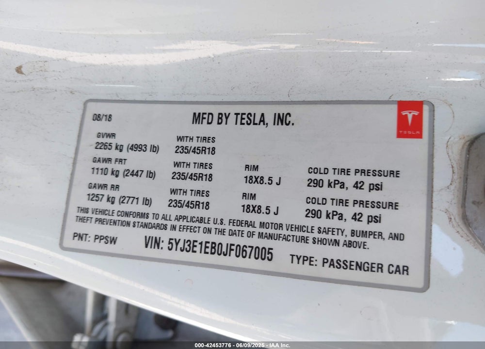 2018 TESLA MODEL 3 LONG RANGE/PERFORMANCE VIN: 5YJ3E1EB0JF067005