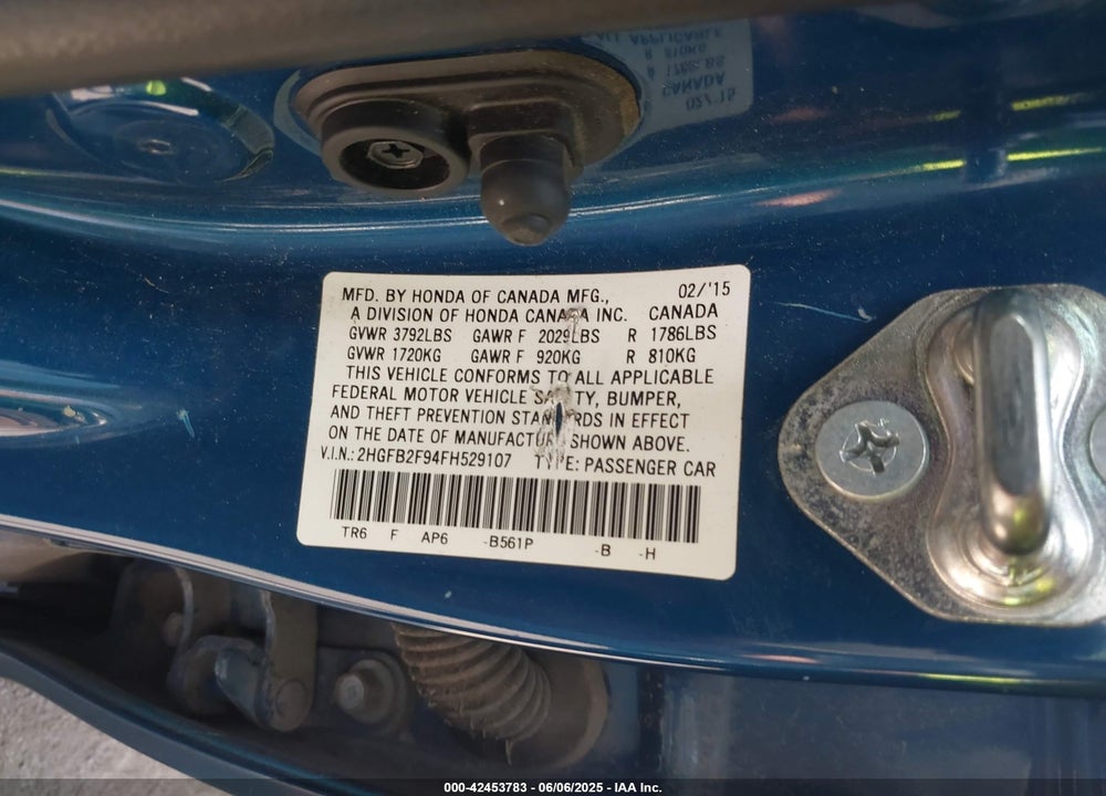 2015 HONDA CIVIC VIN: 2HGFB2F94FH529107