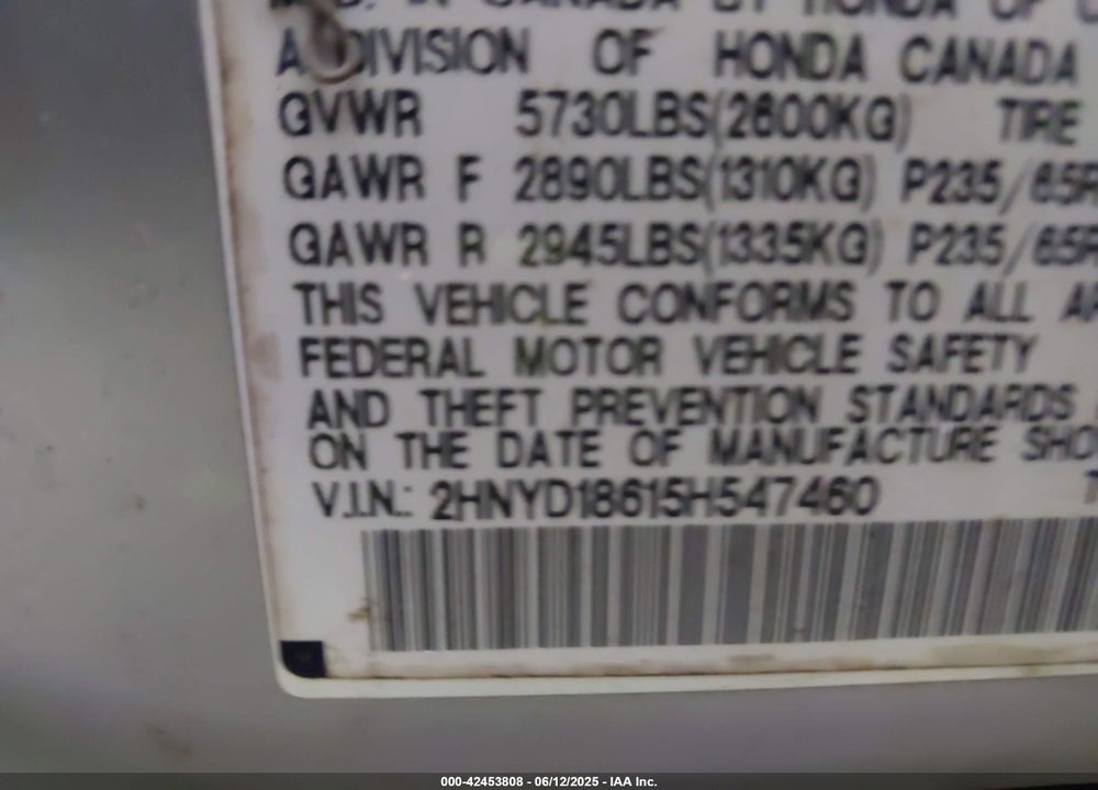 2005 ACURA MDX VIN: 2HNYD18615H547460