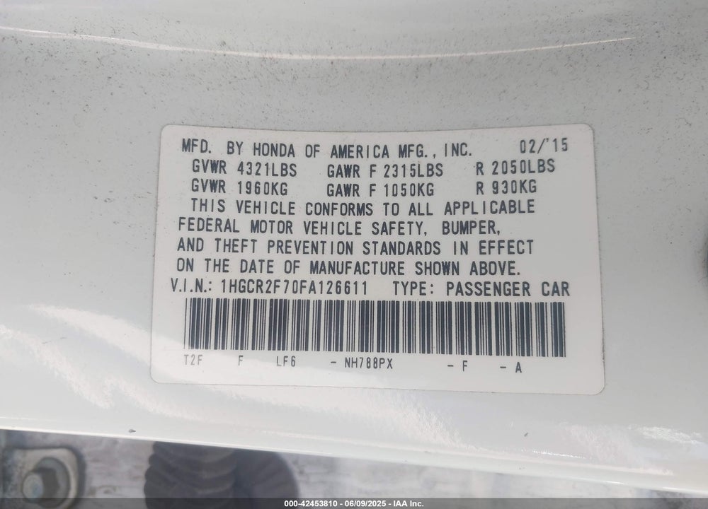 2015 HONDA ACCORD VIN: 1HGCR2F70FA126611