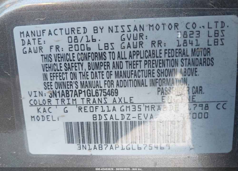 2016 NISSAN SENTRA SV VIN: 3N1AB7AP1GL675469