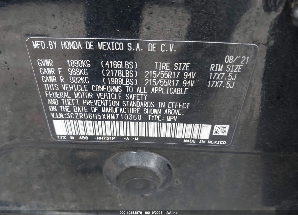 2022 HONDA HR-V VIN: 3CZRU6H5XNM710360