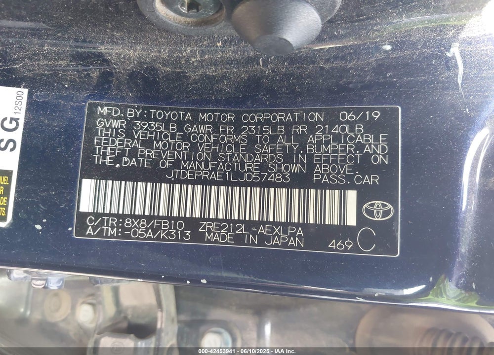 2020 TOYOTA COROLLA VIN: JTDEPRAE1LJ057483