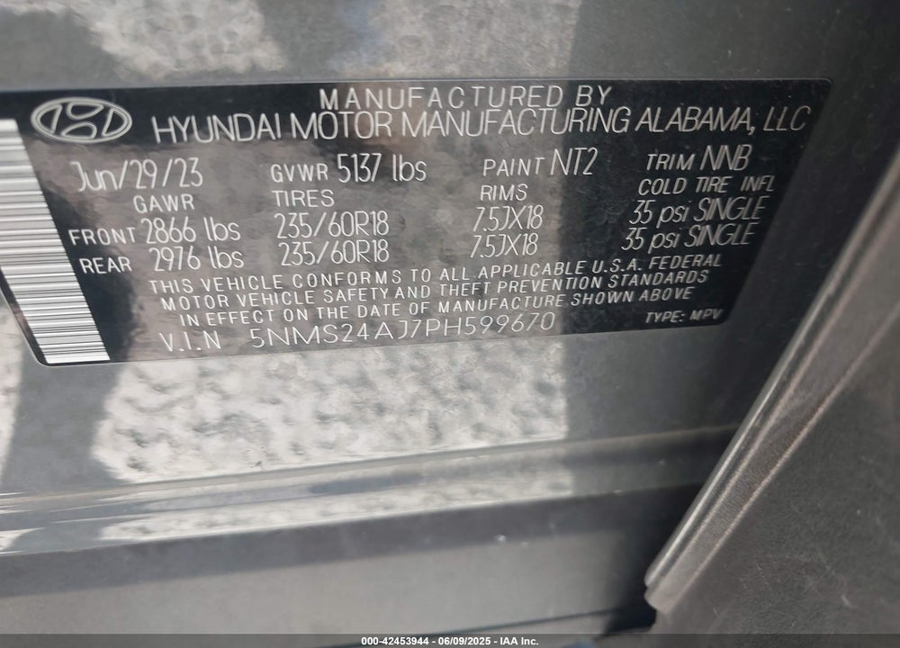2023 HYUNDAI SANTA FE VIN: 5NMS24AJ7PH599670