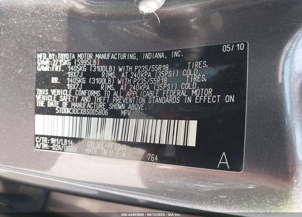 2011 TOYOTA SIENNA XLE VIN: 5TDDK3DCXBS005806