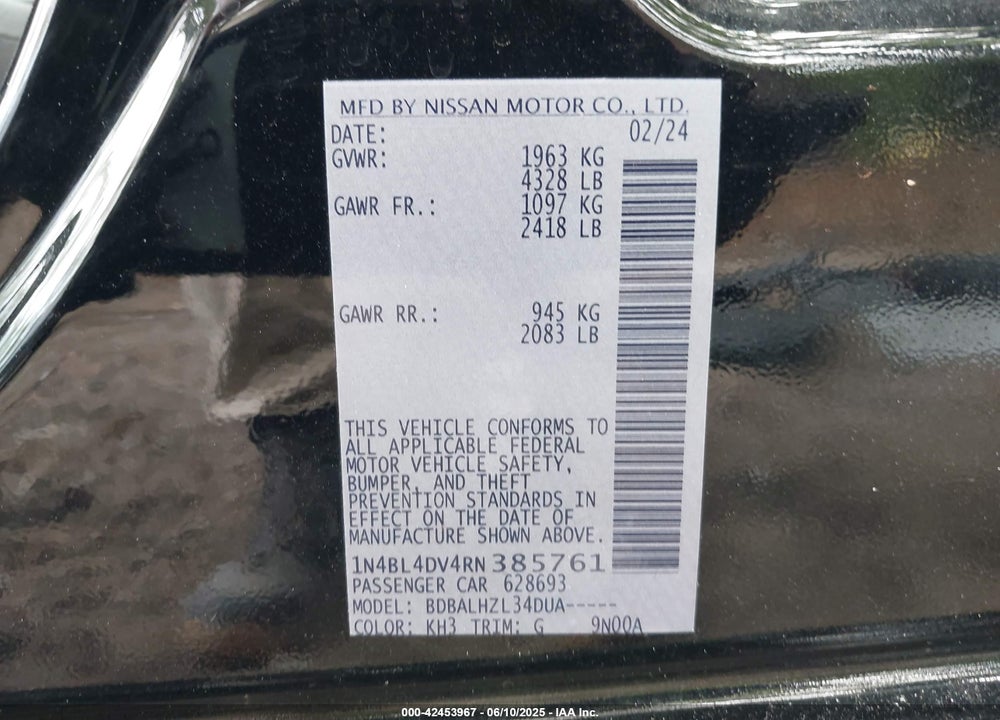 2024 NISSAN ALTIMA SV FWD VIN: 1N4BL4DV4RN385761