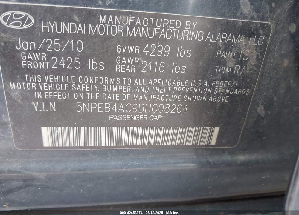 2011 HYUNDAI SONATA VIN: 5NPEB4AC9BH008264