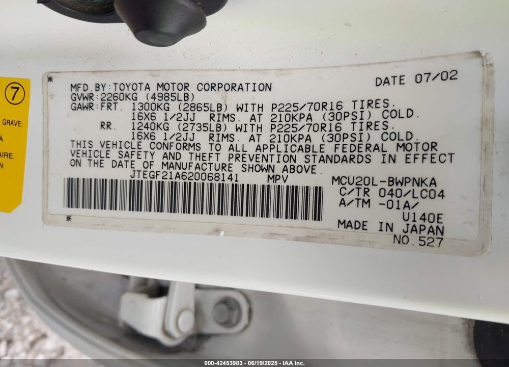 2002 TOYOTA HIGHLANDER LIMITED V6 VIN: JTEGF21A620068141