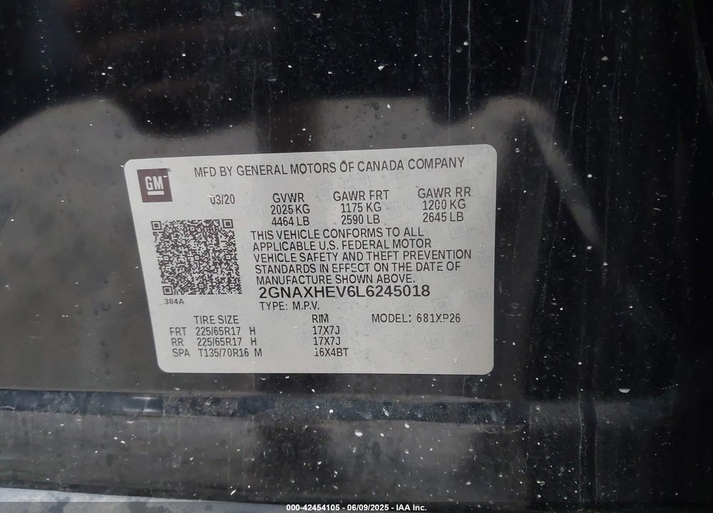 2020 CHEVROLET EQUINOX VIN: 2GNAXHEV6L6245018