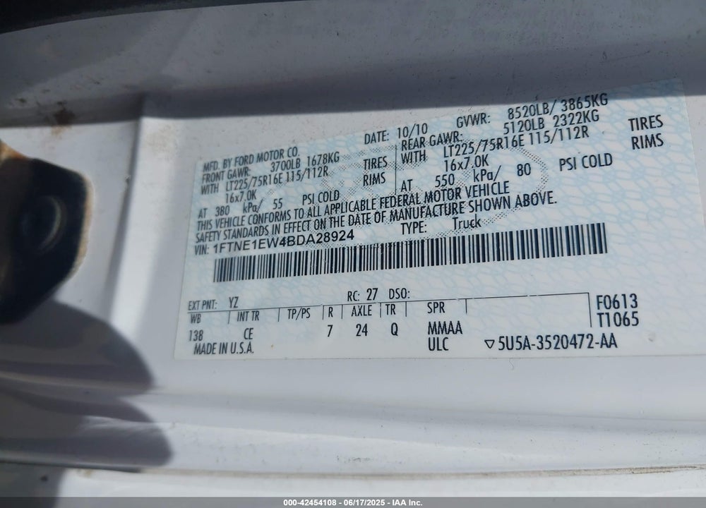 2011 FORD E 150 VIN: 1FTNE1EW4BDA28924