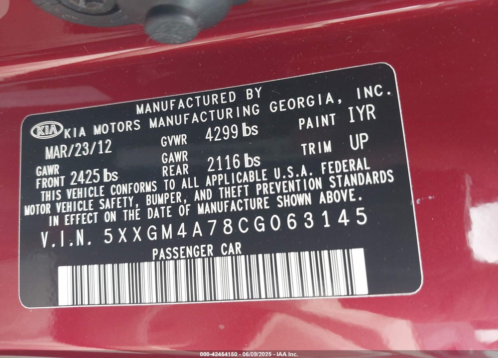 2012 KIA OPTIMA VIN: 5XXGM4A78CG063145