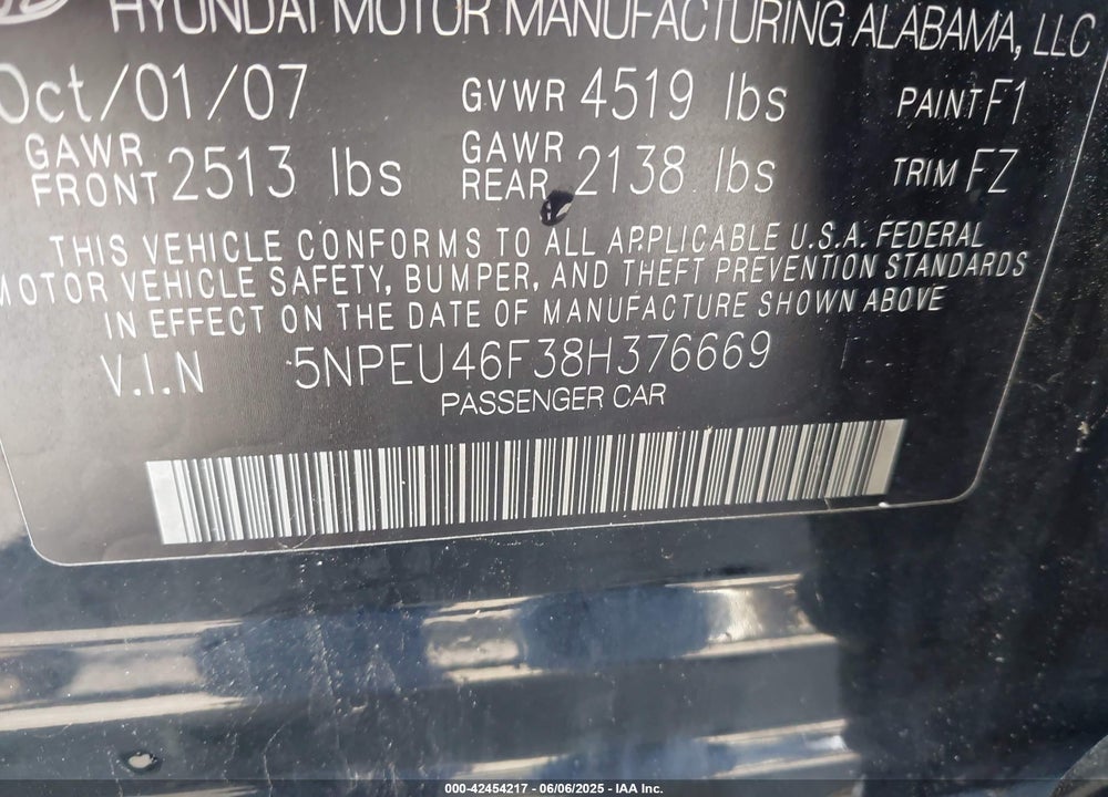 2008 HYUNDAI SONATA LIMITED V6/SE V6 VIN: 5NPEU46F38H376669