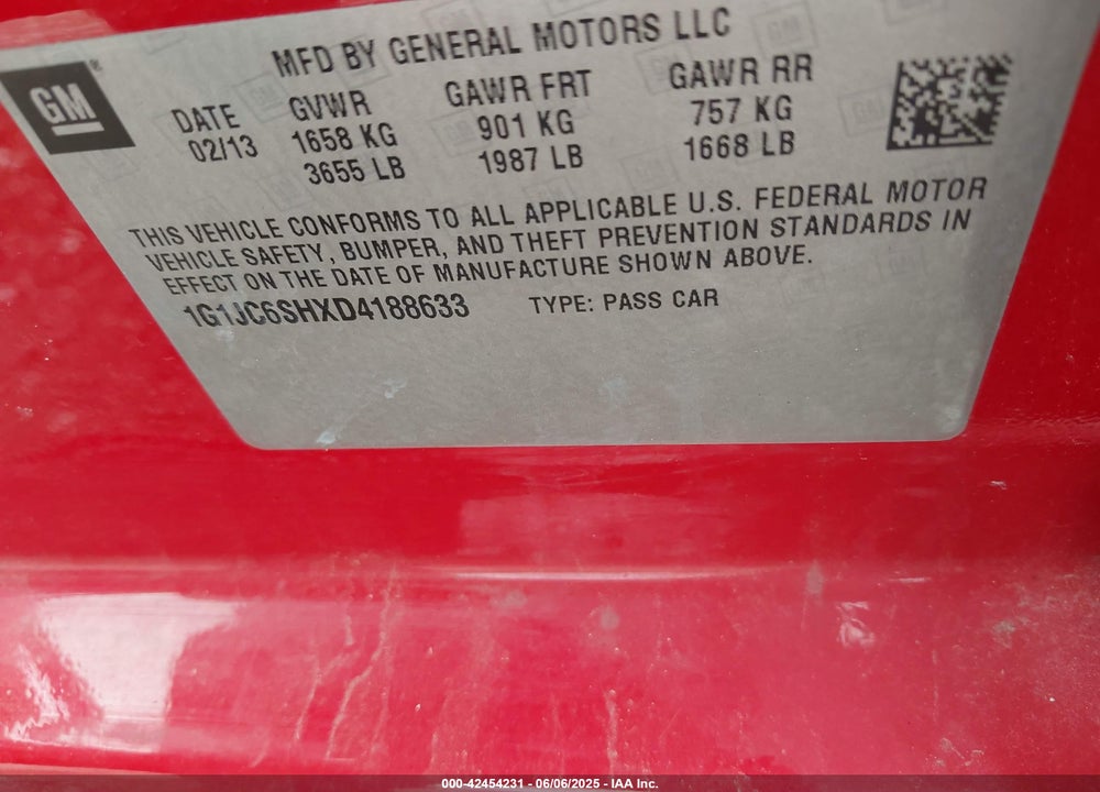 2013 CHEVROLET SONIC LT AUTO VIN: 1G1JC6SHXD4188633