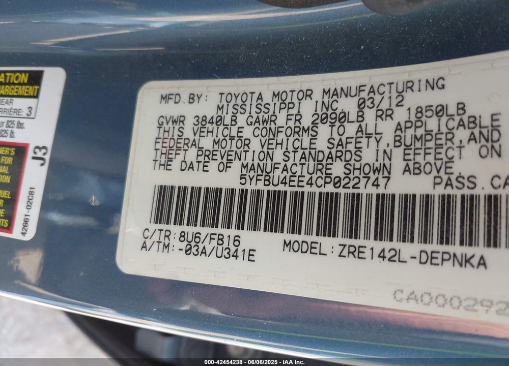2012 TOYOTA COROLLA LE VIN: 5YFBU4EE4CP022747