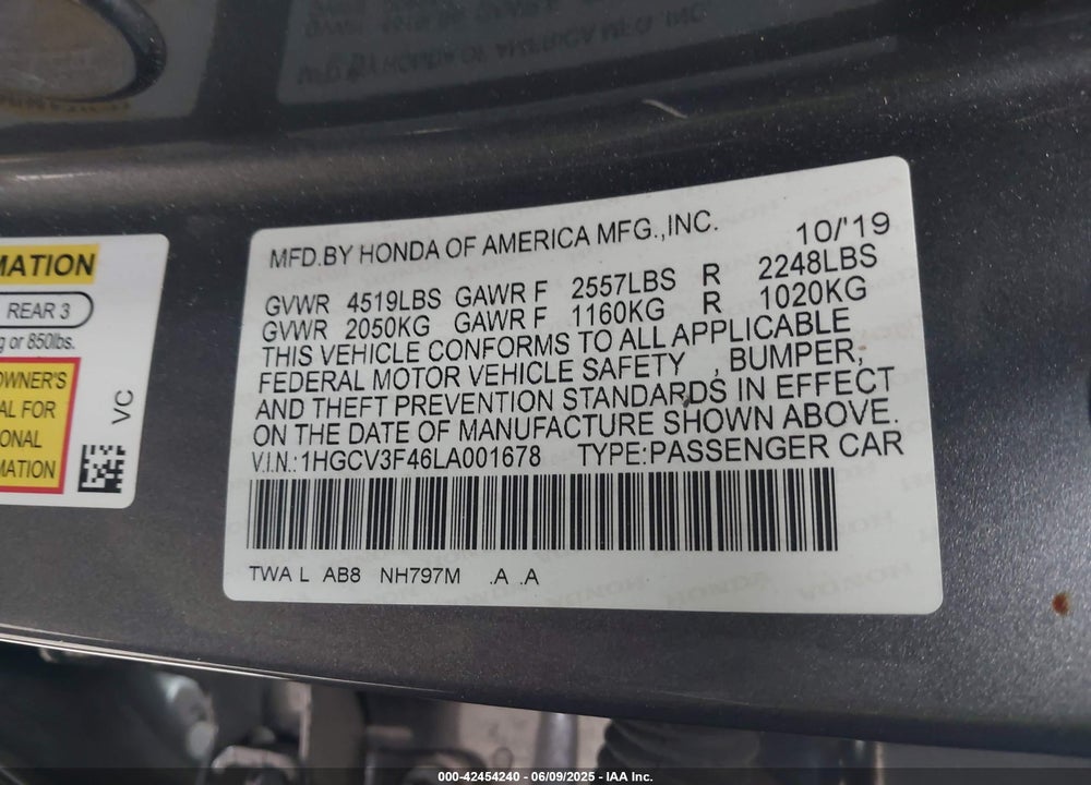 2020 HONDA ACCORD HYBRID EX VIN: 1HGCV3F46LA001678