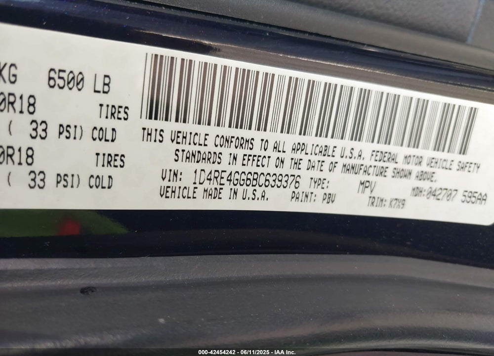 2011 DODGE DURANGO VIN: 1D4RE4GG6BC639376