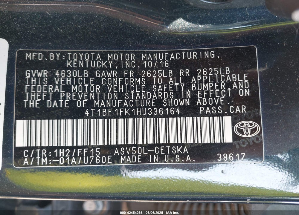 2017 TOYOTA CAMRY VIN: 4T1BF1FK1HU336164