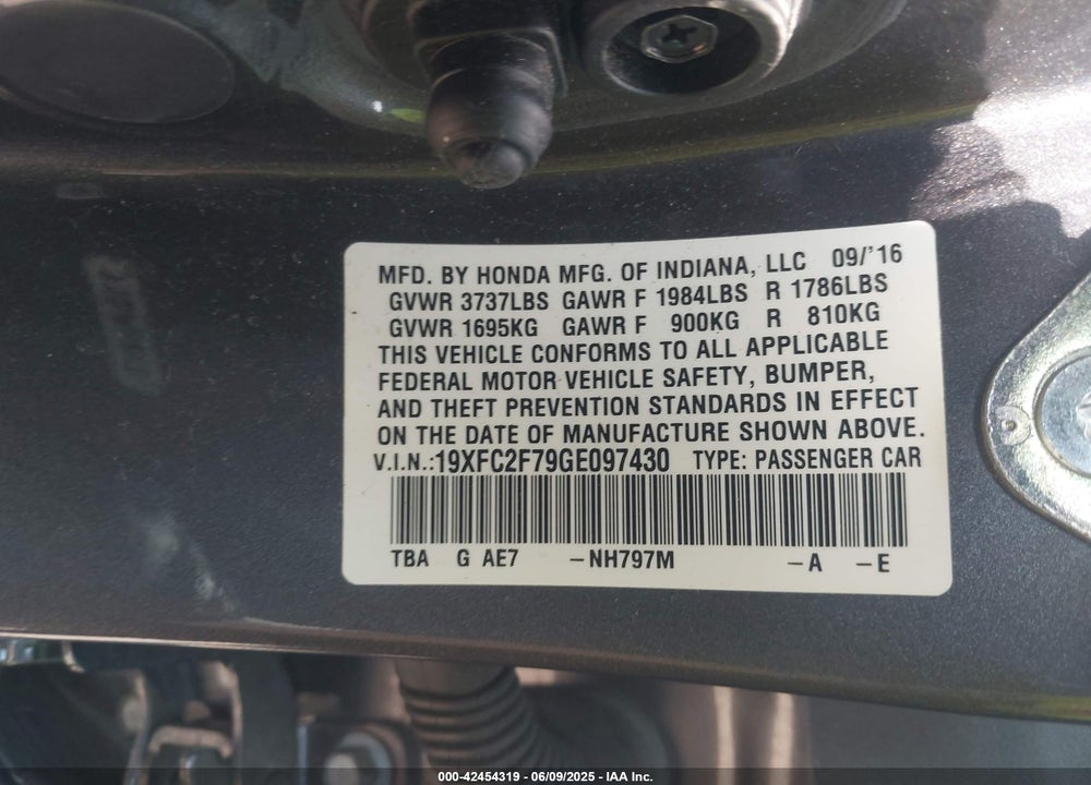 2016 HONDA CIVIC EX VIN: 19XFC2F79GE097430