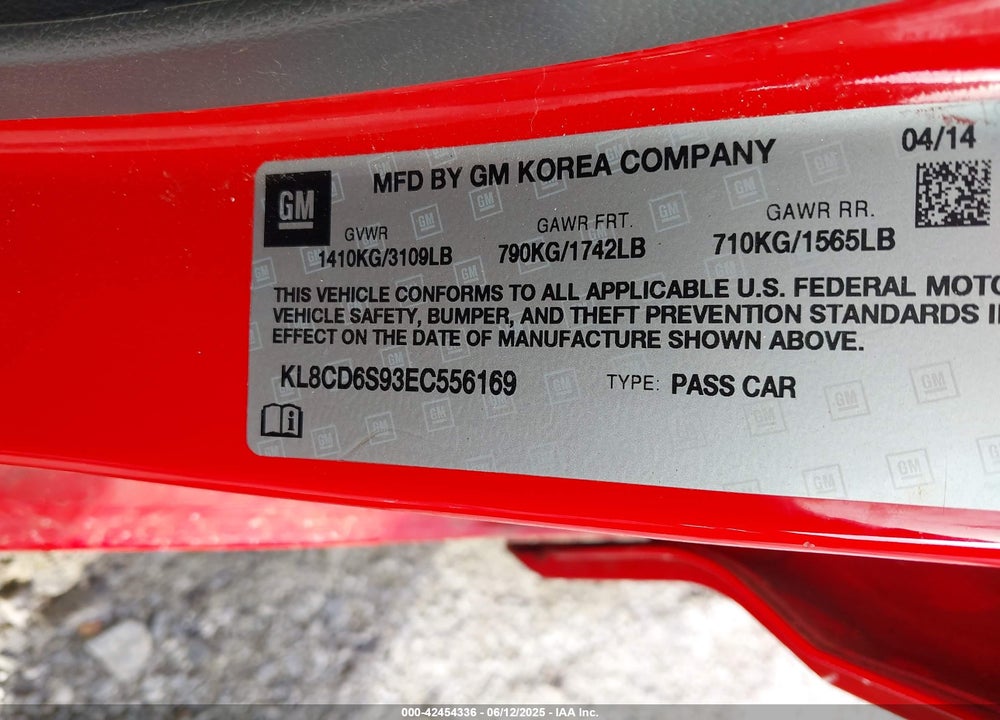 2014 CHEVROLET SPARK VIN: KL8CD6S93EC556169