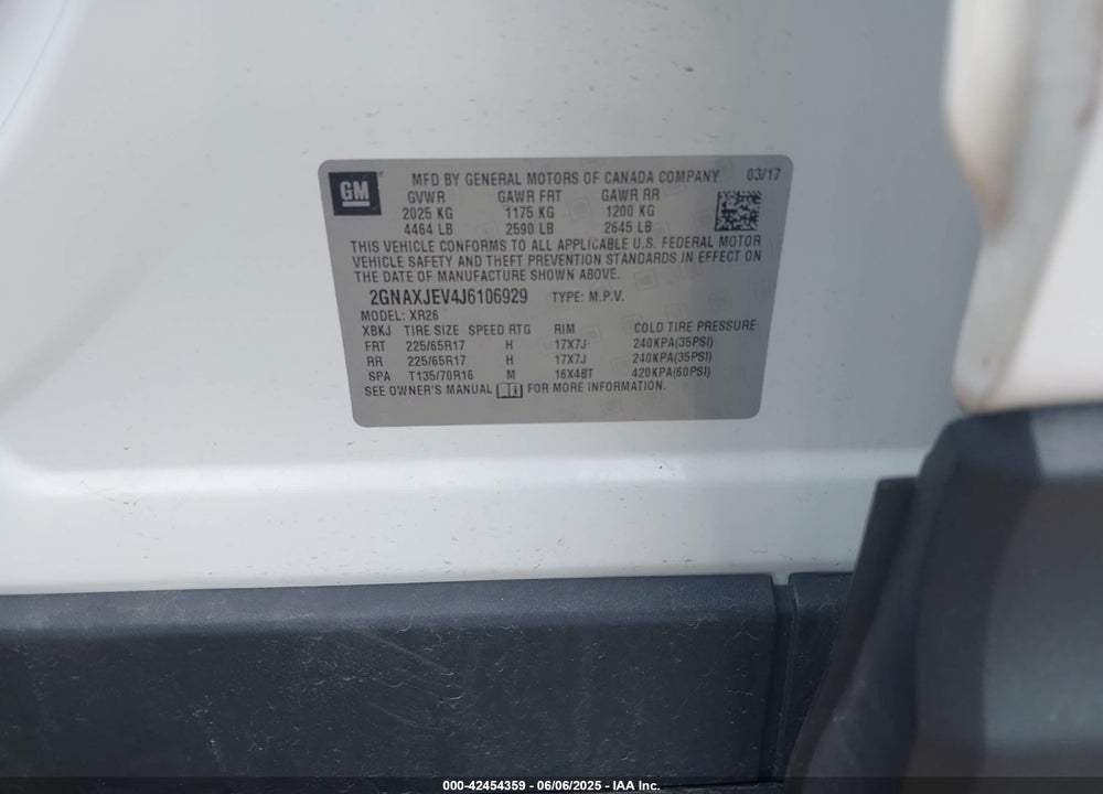 2018 CHEVROLET EQUINOX VIN: 2GNAXJEV4J6106929