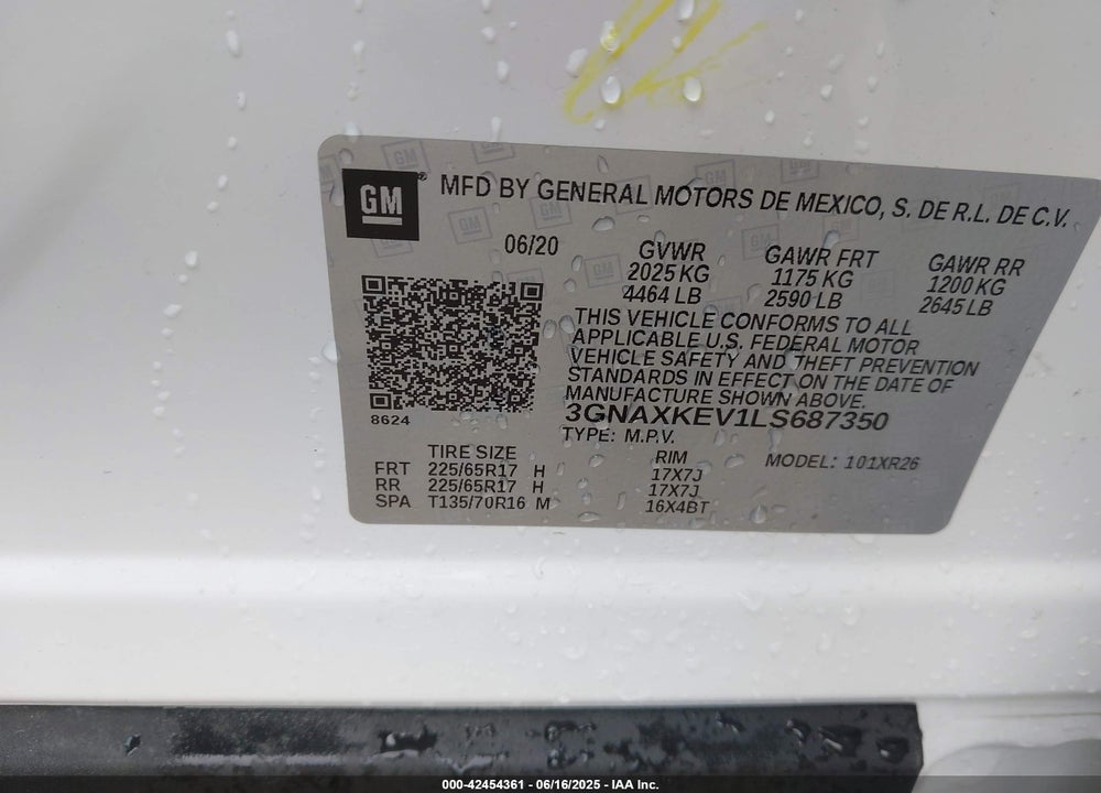 2020 CHEVROLET EQUINOX FWD LT 1.5L TURBO VIN: 3GNAXKEV1LS687350